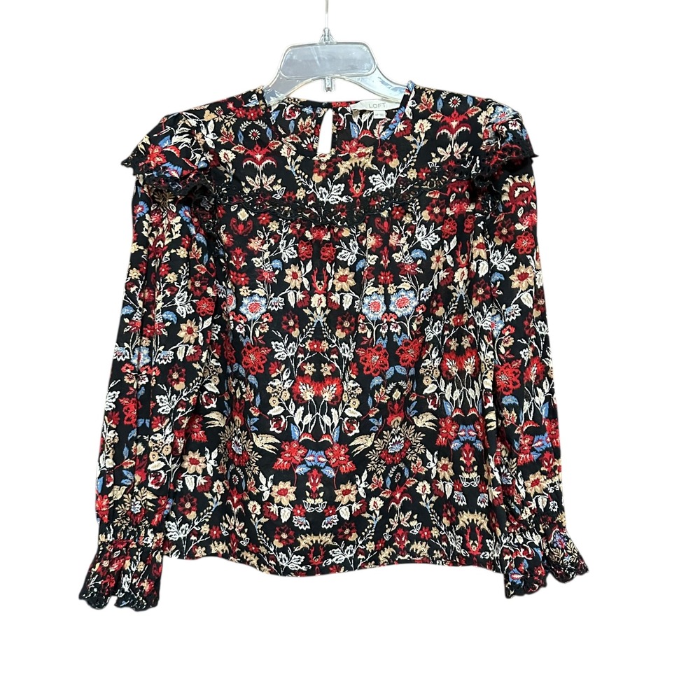 LOFT Black Floral Ruffle Eyelet Lace Trim Long Sleeve Blouse Sz M Whimsigoth